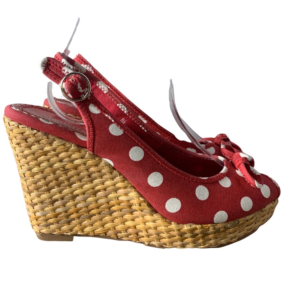 Seychelles Polka Dot Rockabilly Peep Toe Sling Back Rafia Wedge Platform Heel